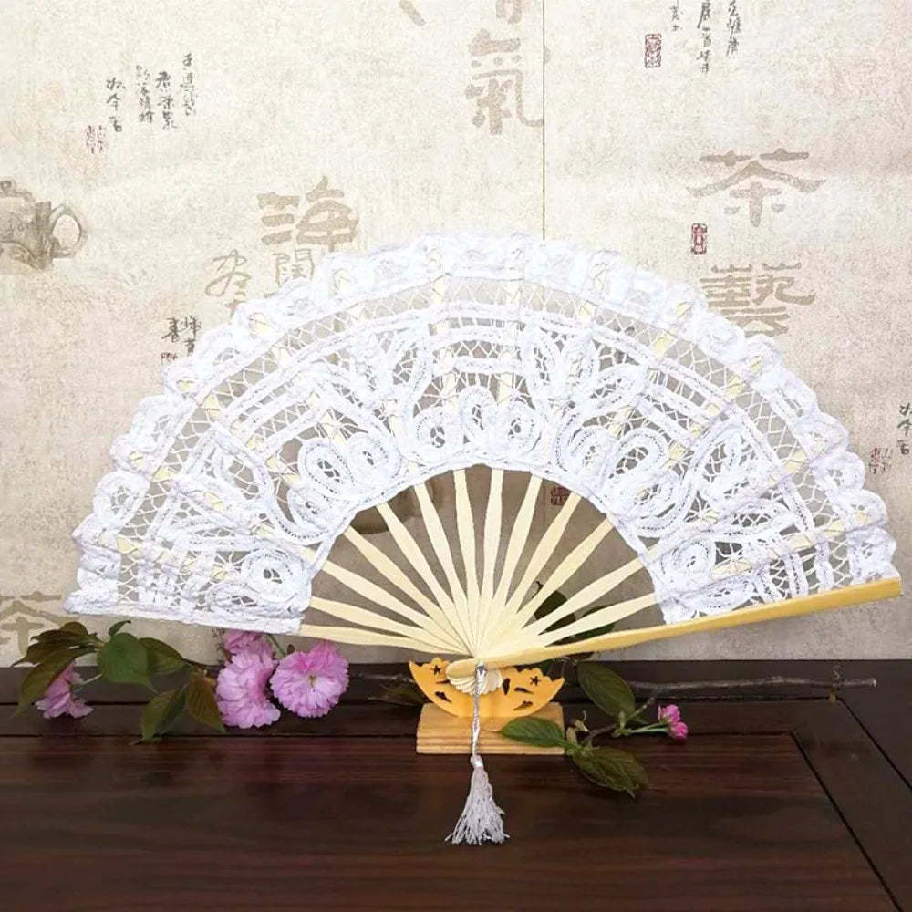 Bamboo Lace Folding Hand Fan with Tassel – Vintage Style