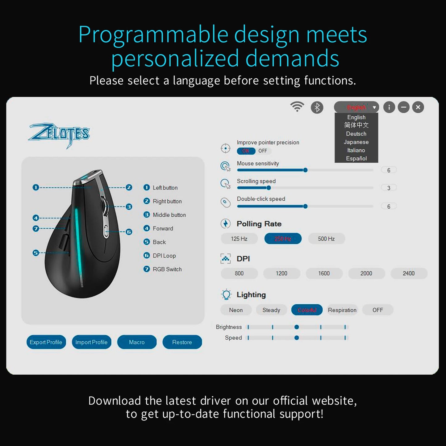 ZELOTES F-36 Ergonomic Wireless Vertical Mouse | RGB, 8 Keys