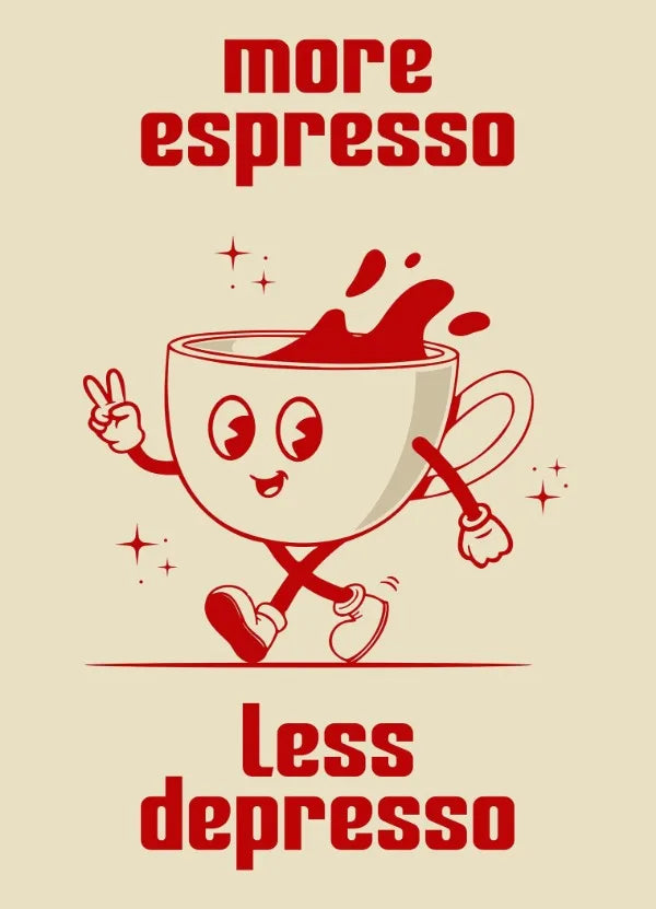 Retro Kitchen Food Cartoon Poster Character Coffee More Espresso Less Depresso Quotes Poster Wall Canvas Painting Room Decor Peaceful Pleasures Health and Wellness CJ50561 50x70cm Unframed