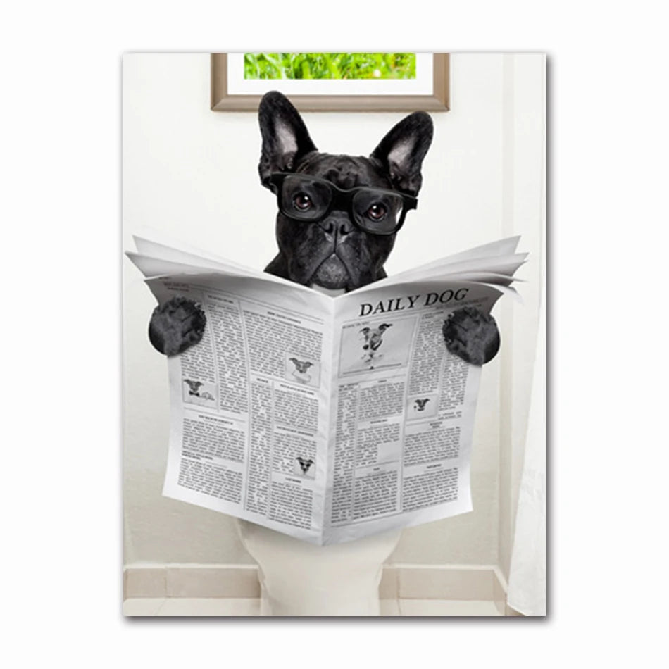Funny Animal Dog Read Newspaper Oil Painting on Canvas Wall Art Poster Prints Wall Art Picture for Bathroom Toilet Decoration Peaceful Pleasures Health and Wellness T60523-01 50x70cm Unframed