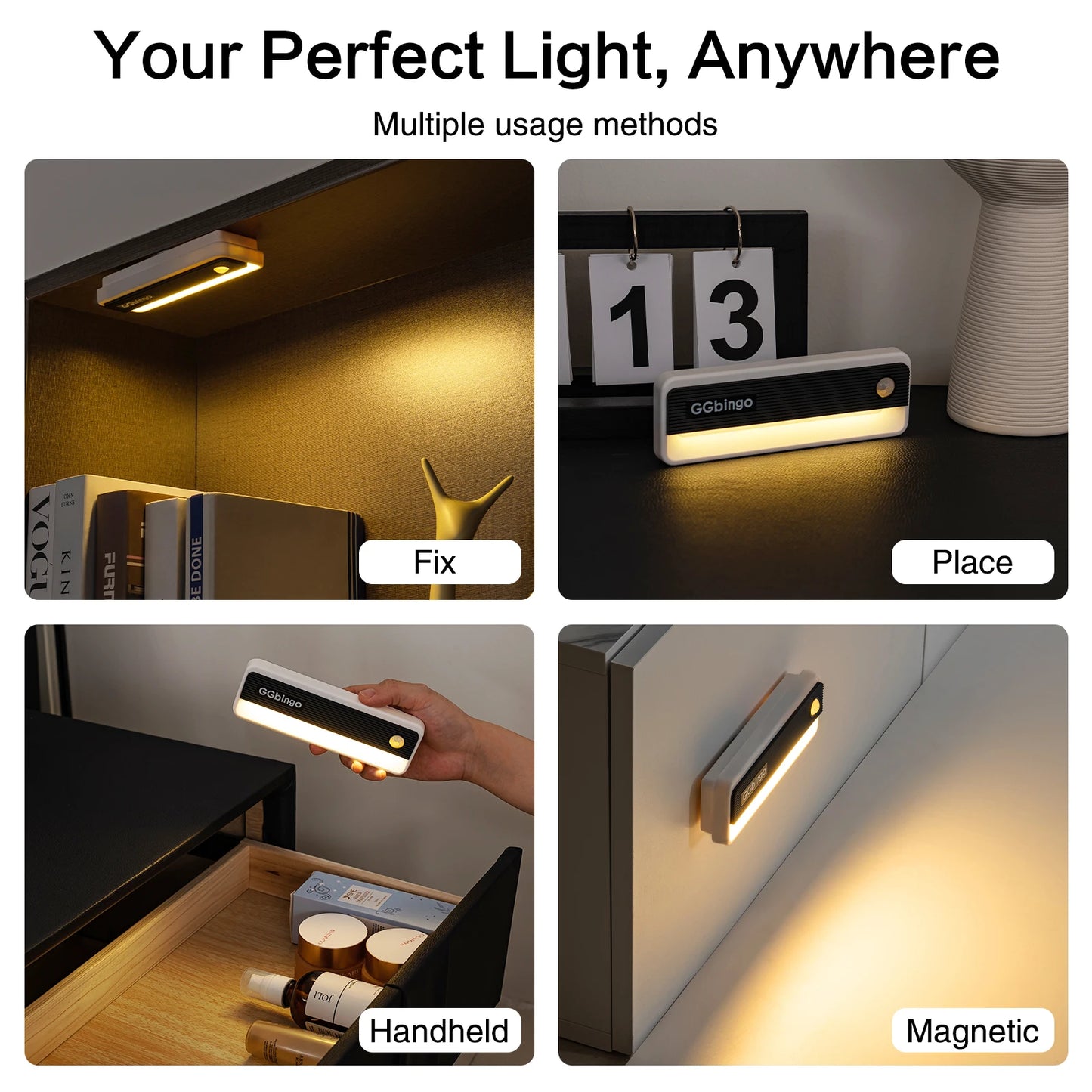 GGbingo Human Body Induction Night Light Multi-light Linkage Type-C Charging Footlights Wall Lamp 6000K Cabinet Light Peaceful Pleasures Health and Wellness