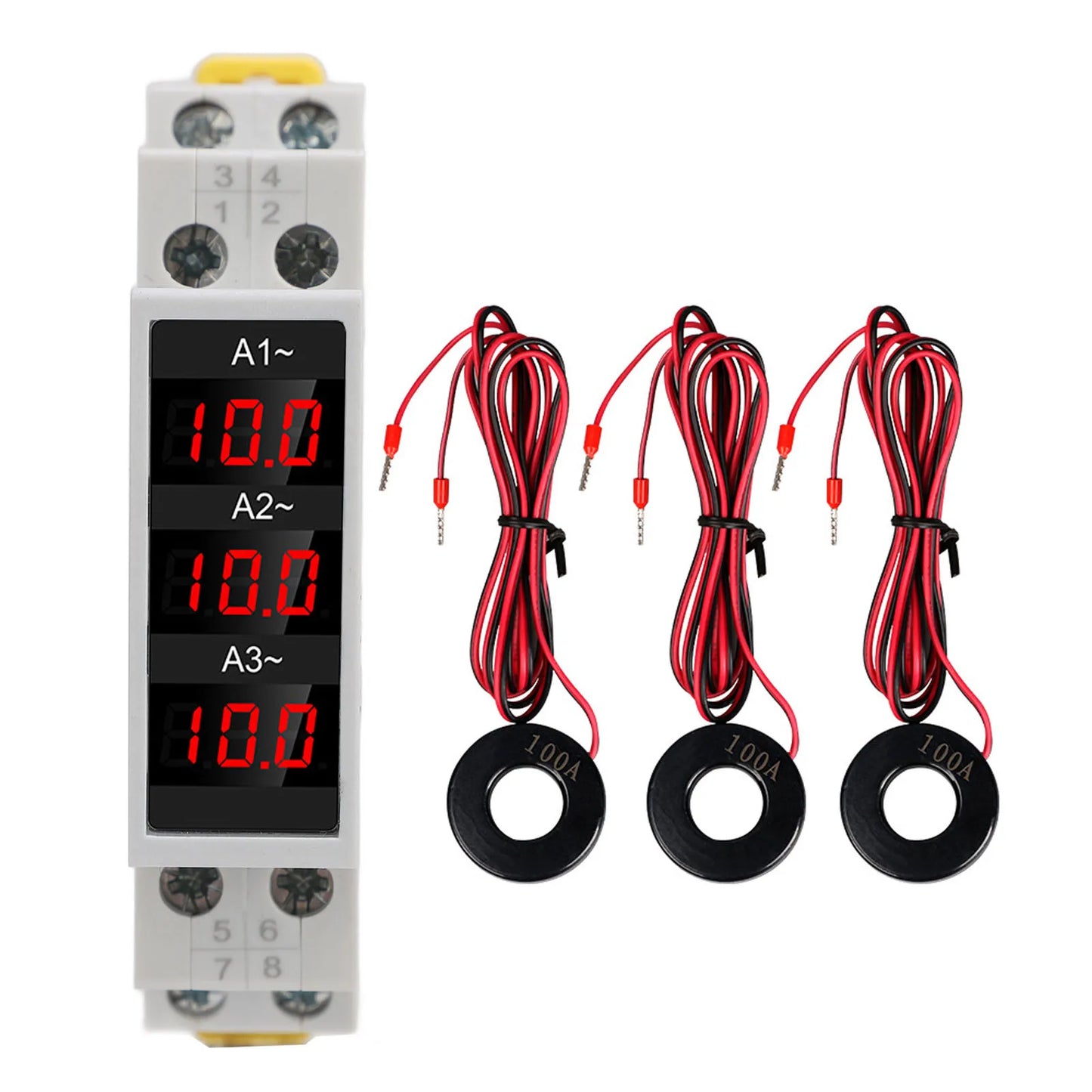 3 Phase DIN Rail Ammeter LED Digital Display High Accuracy Amp Meter with 3 Sensors AC80‑500V 1‑100A DIN Rail Current Meter Peaceful Pleasures Health and Wellness as show