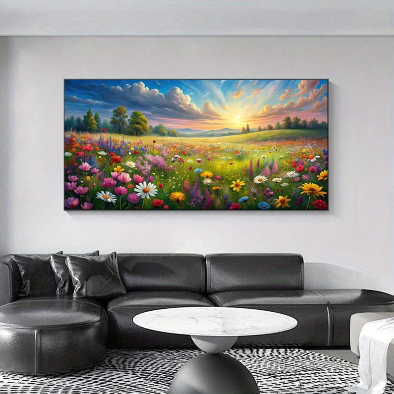 Large Unframed Canvas Art Print Floral Meadow Scene, Colorful Sunrise Wall Decor for Living Room Bedroom, Home Artwork Wall Art Peaceful Pleasures Health and Wellness