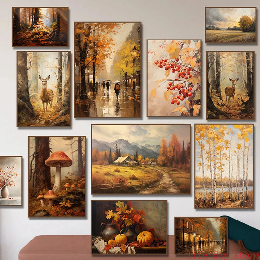 Autumn Birch Tree & Deer Canvas Wall Art | Fall Nature Print Canvas Wall Art Peaceful Pleasures Health and Wellness