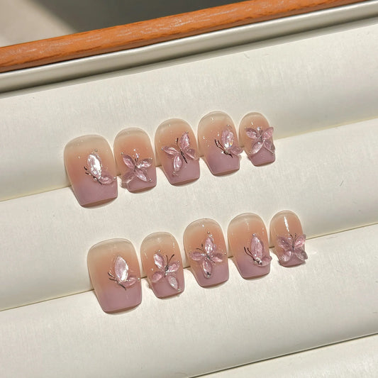 French Press-On Nails Cat Eye Pink Butterfly Short Fake Tips Press-On Nail Tips Peaceful Pleasures Health and Wellness L 1