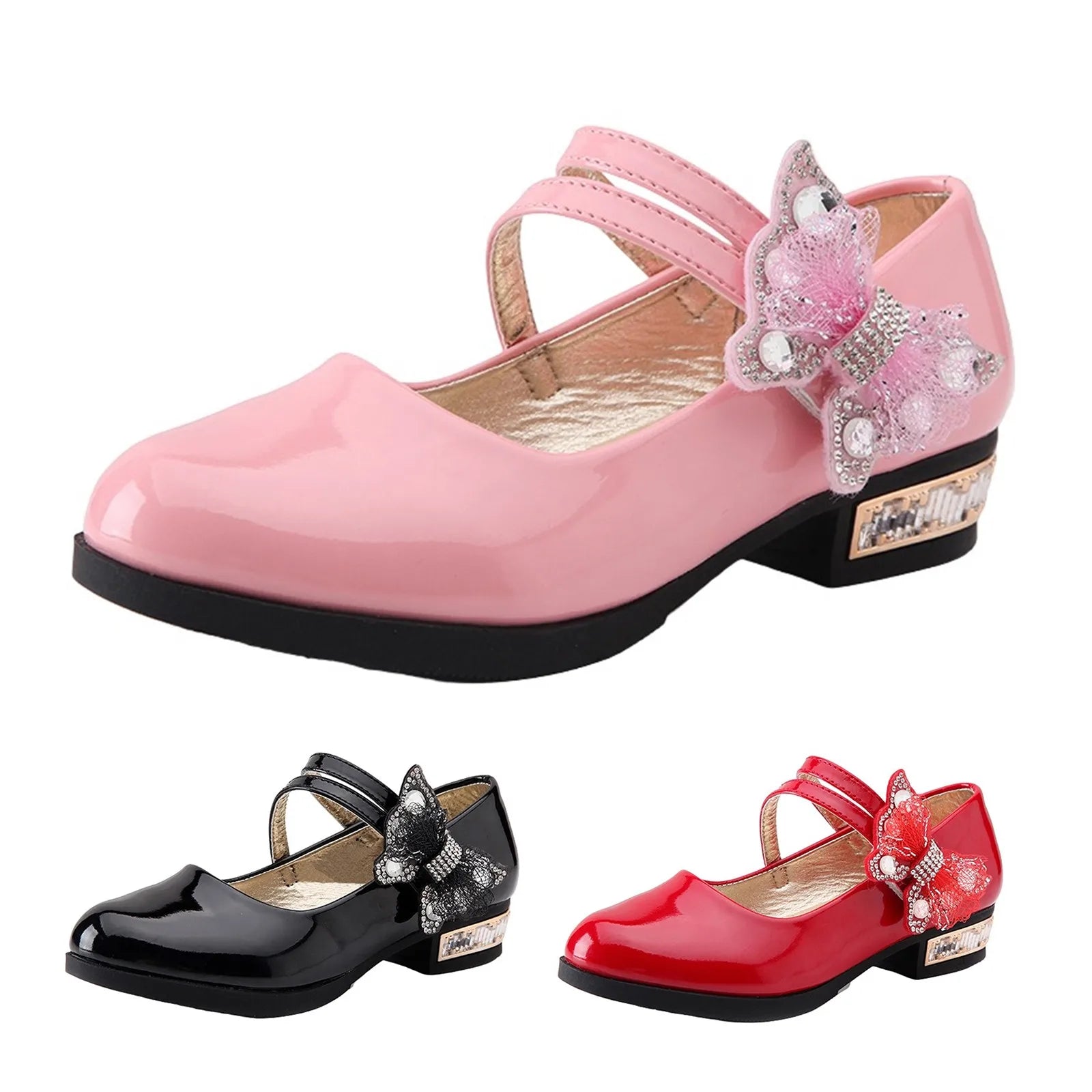 Girls Leather Shoes for Party Wedding Kids Performance Shoes with Butterfly-knot Fashion Children High Heels Rhinestone Shoes Peaceful Pleasures Health and Wellness