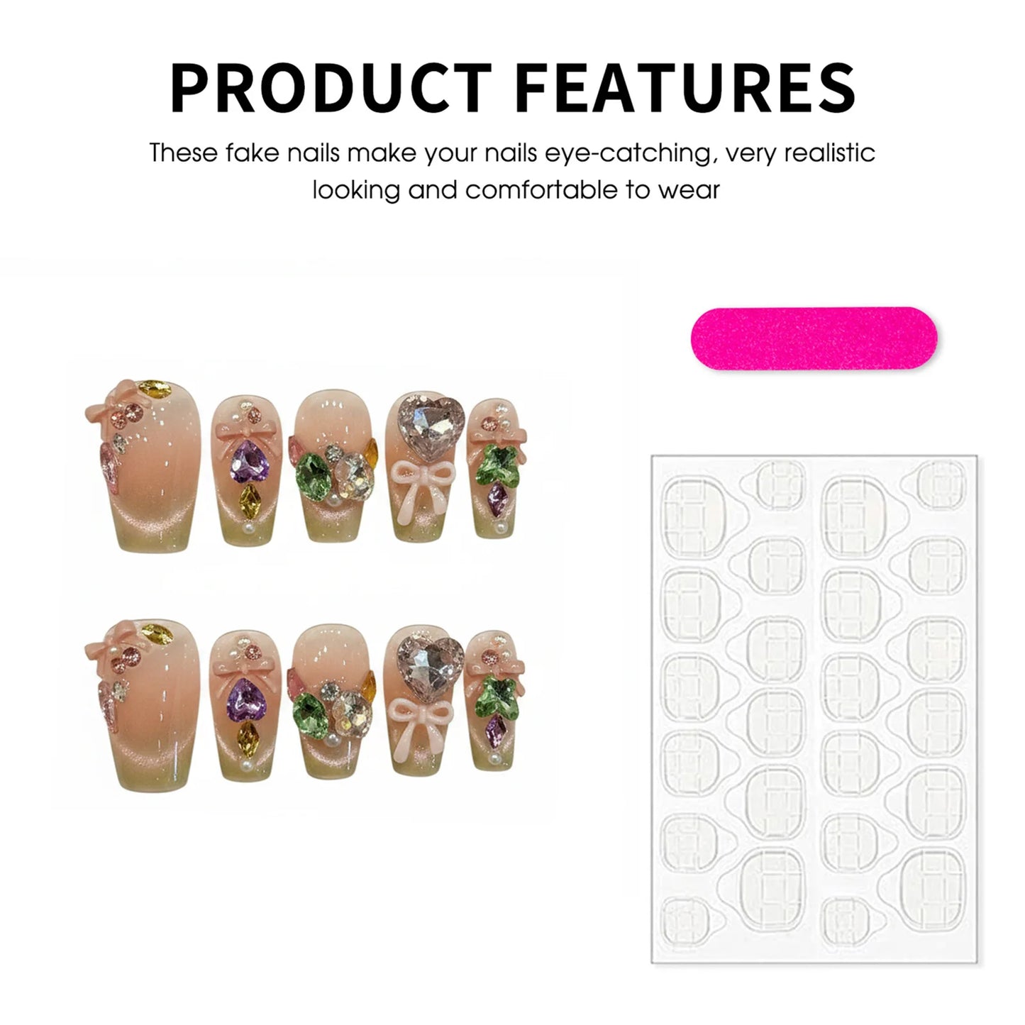 Y2K Press On Nails Pink Green Gradient Cat Eye 3D Bow Rhinestone