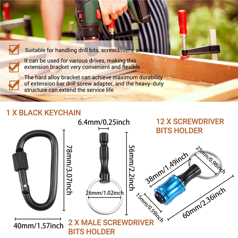 A36T-12Pieces 1/4 Inch Hex Shank Bits Holder Keychian, Keychain Extension Bar Screwdriver Bit Holder Socket Adapter Peaceful Pleasures Health and Wellness