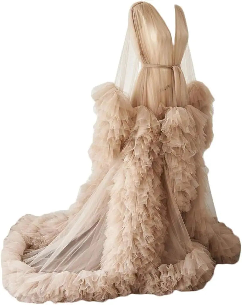 Photoshoot-Ready Tulle Maternity Gown - Puffy Ruffles, Bridal Style, Long Lingerie Dressing Robe for Pregnancy Peaceful Pleasures Health and Wellness Skin US 2