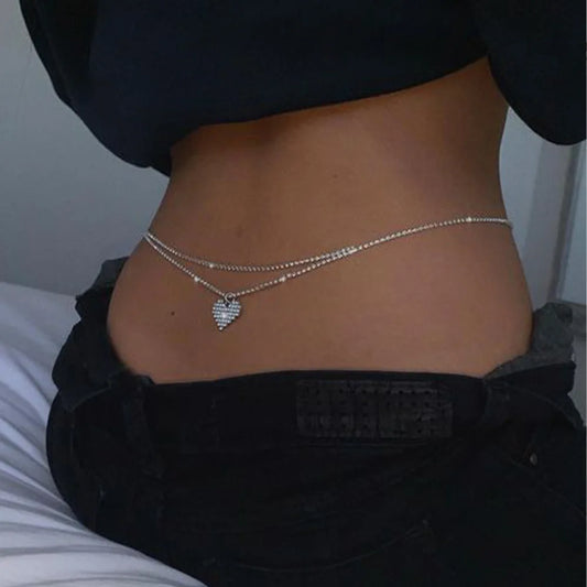 Rhinestone Heart Belly Chain | Double Row Crystal Waist Belt Belly Chain Jewelry Peaceful Pleasures Health and Wellness