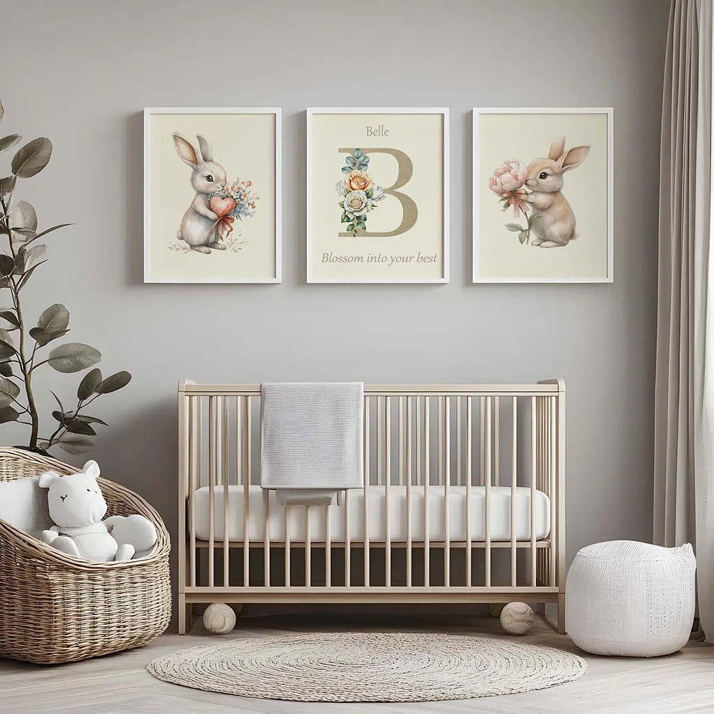 Custom Name Nursery Canvas Art | Bunny Floral Kids Wall Decor Nursery Canvas Print Peaceful Pleasures Health and Wellness