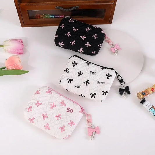 Cute Bow Fabric Makeup Bag, For Women Cosmetic Pouch, Portable Lipstick Earphone Travel Organizer Small Clutch Purse Peaceful Pleasures Health and Wellness