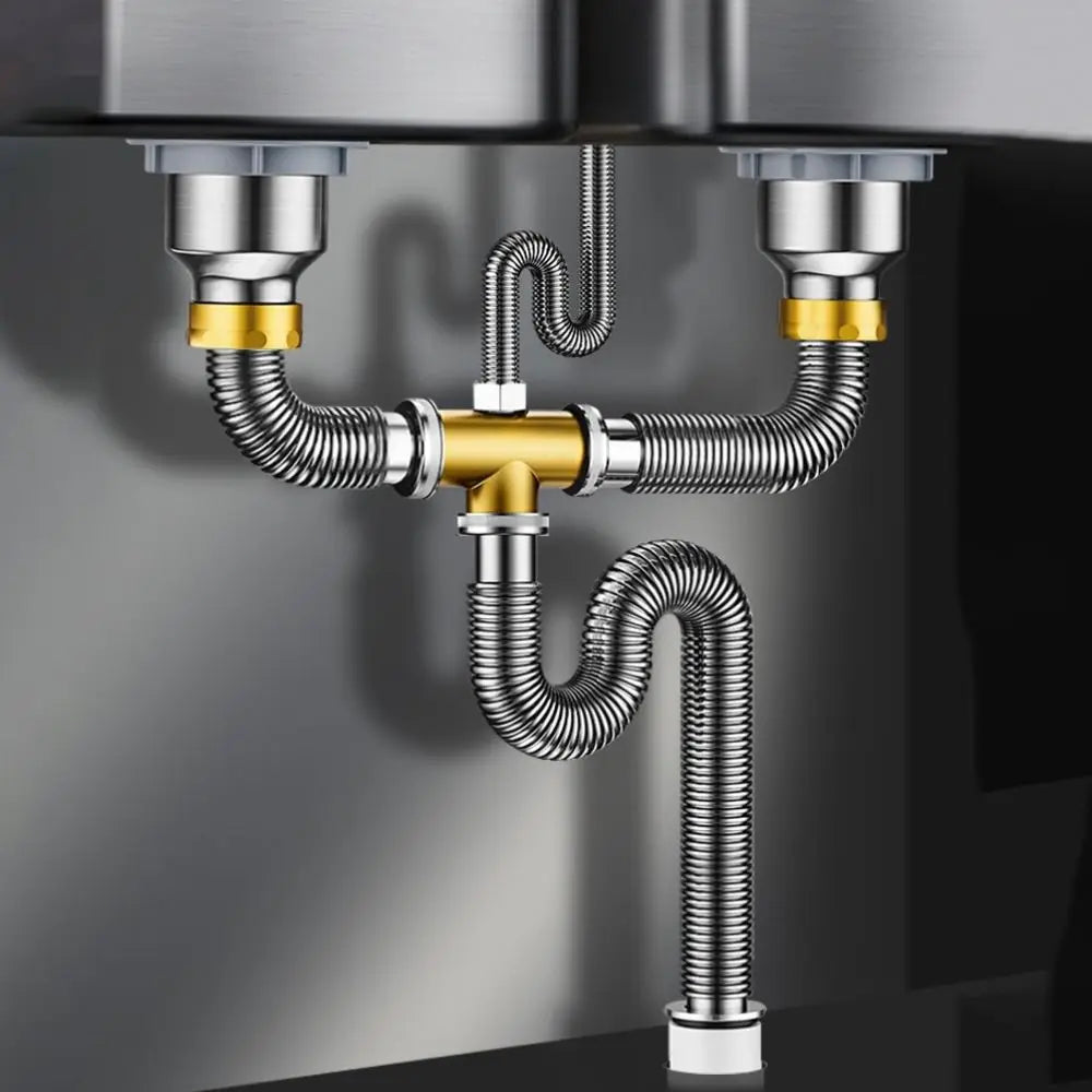 Stainless Steel Sink Drain Pipe Set Easy Install Single/Double Bowl Sewer Replacement Pipe Space Saving Anti Clogging Peaceful Pleasures Health and Wellness