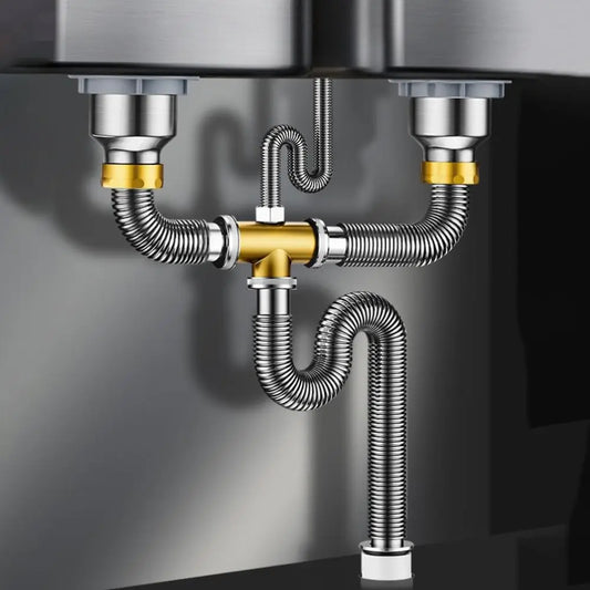 Stainless Steel Sink Drain Pipe Set Easy Install Single/Double Bowl Sewer Replacement Pipe Space Saving Anti Clogging Peaceful Pleasures Health and Wellness