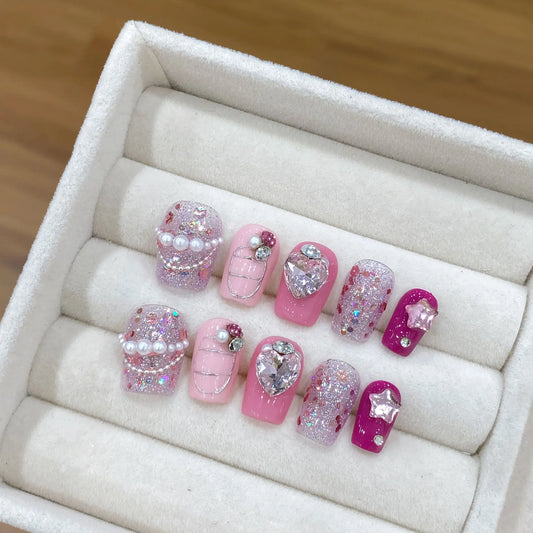 Handmade Press on Nails Shiny Sequin Rose Pink Fake Nails 3D Crystal Design Short Ballet Fashion False Nails Wearable Full Cover Peaceful Pleasures Health and Wellness L 1