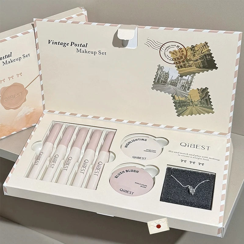 QIBEST Retro Mail Design Makeup Set 5pc Matte Lipgloss,1 Blush,1 Highlight And 1 Necklace Gift Multipurpose Cosmetics Kits New Peaceful Pleasures Health and Wellness