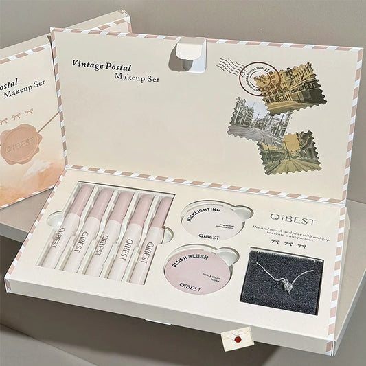 QIBEST Retro Mail Design Makeup Set 5pc Matte Lipgloss,1 Blush,1 Highlight And 1 Necklace Gift Multipurpose Cosmetics Kits New Peaceful Pleasures Health and Wellness
