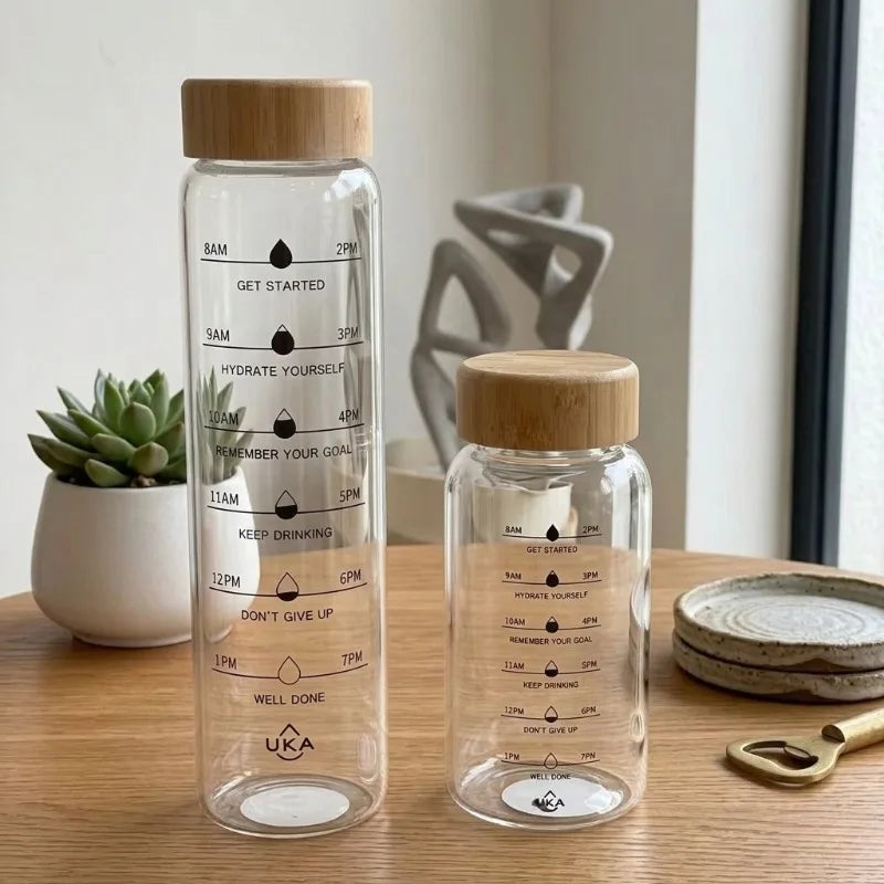 Borosilicate Glass Water Bottle | Bamboo Lid & Time Marker