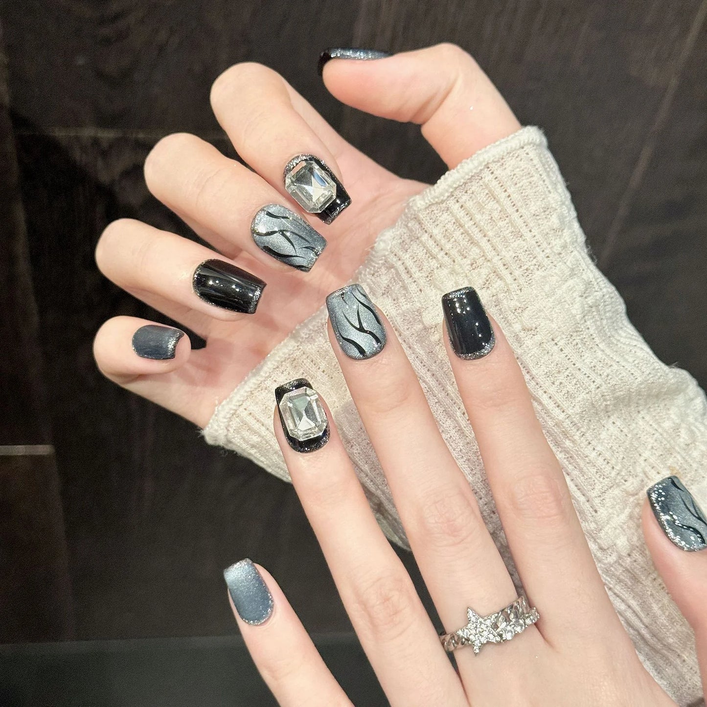 Press On Nails Black Grey Cat's Eye Flame | 10pc Gothic Set