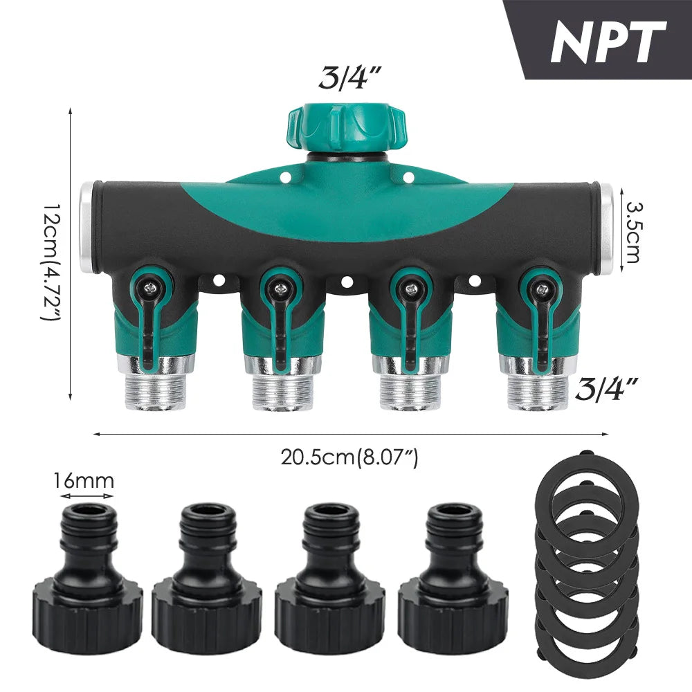 Heavy Duty Metal 4 Way 3/4'' Thread Faucet Splitters with Outdoor Water Tap Connectors Shut Off Valves for Garden Hose Adapter Peaceful Pleasures Health and Wellness NPT-1PCS 3/4''