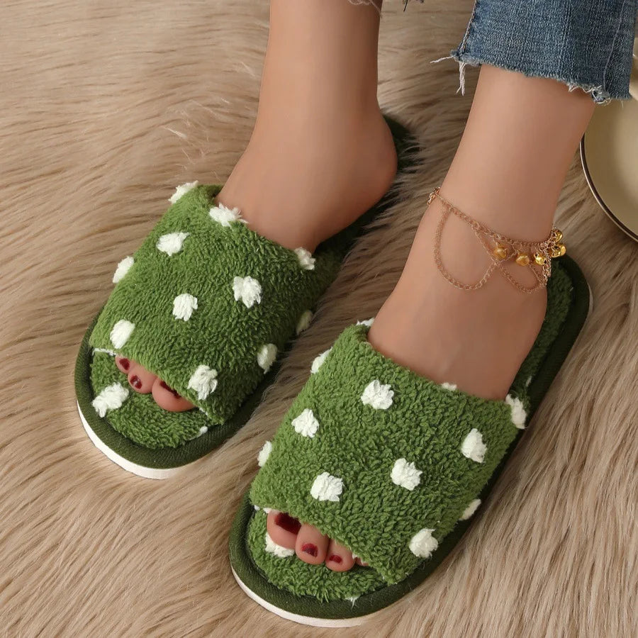 Women's Polka Dot Fluffy Slippers | Warm Non-Slip Open Toe