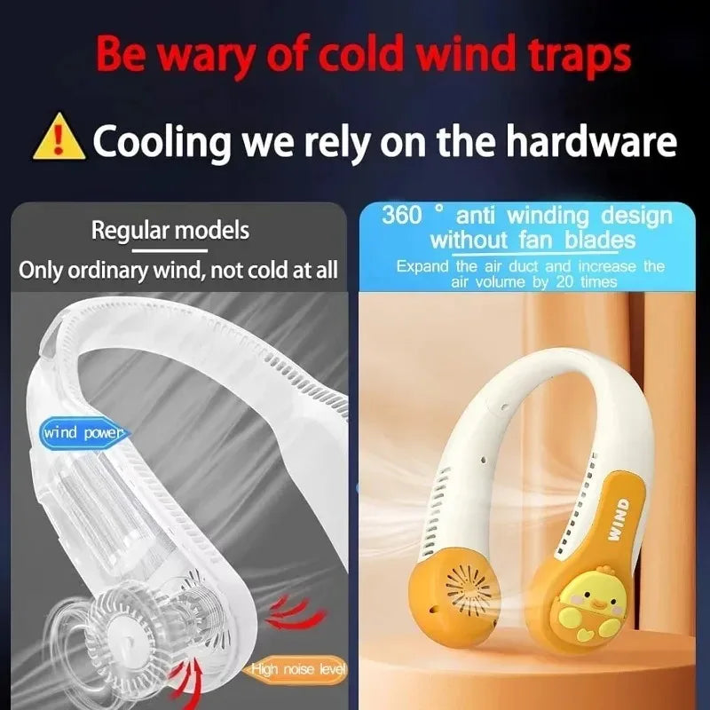 Kids Cartoon Bladeless Neck Fan | 3 Speeds, 1200mAh USB Charge
