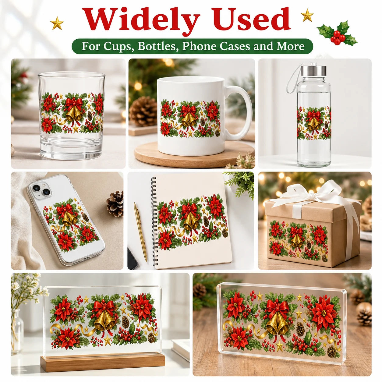 Christmas UV DTF Stickers – Poinsettia Bell Holly Berry Decals
