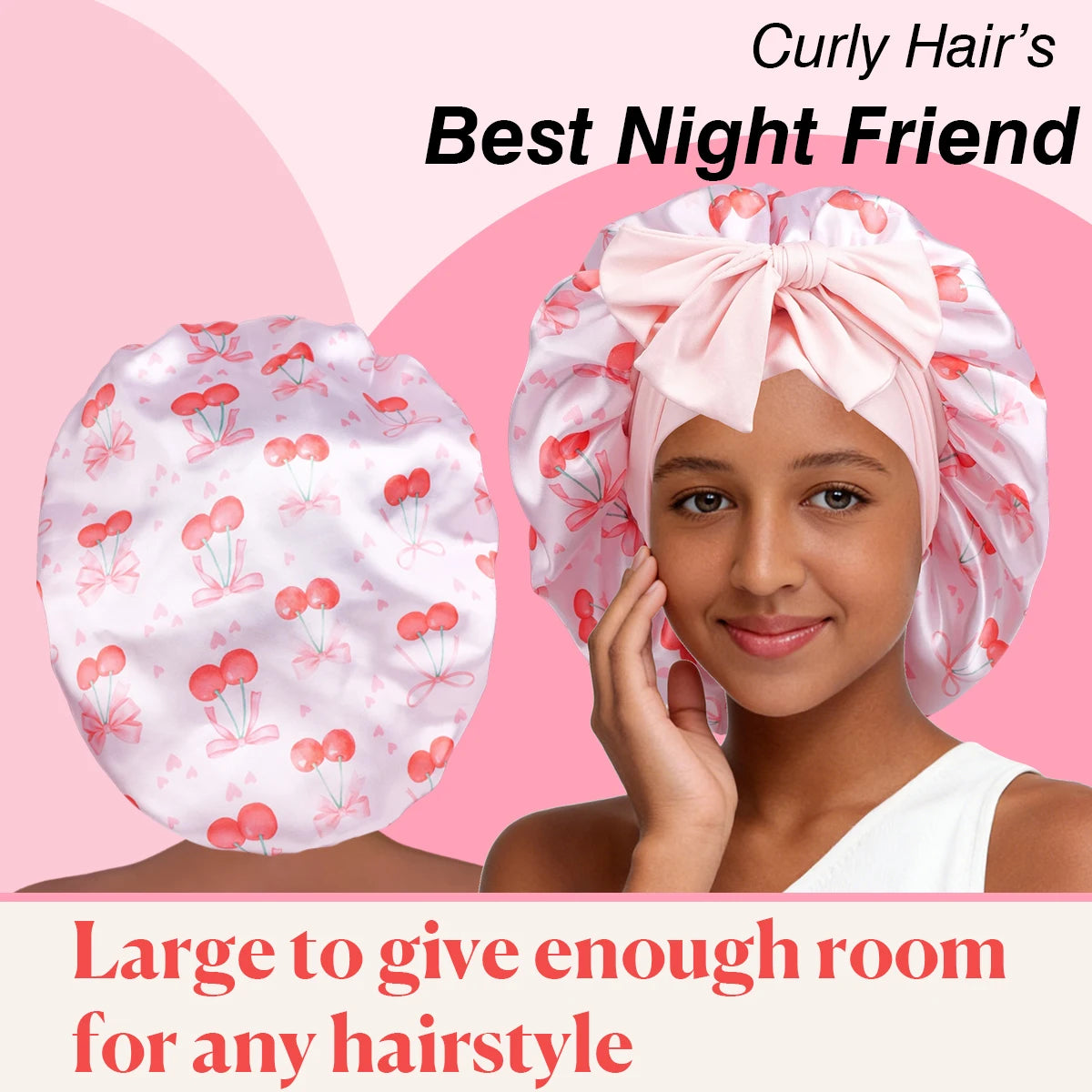 Adjustable Satin Sleep Bonnet Cherry Pattern | Hair Cap with Bow