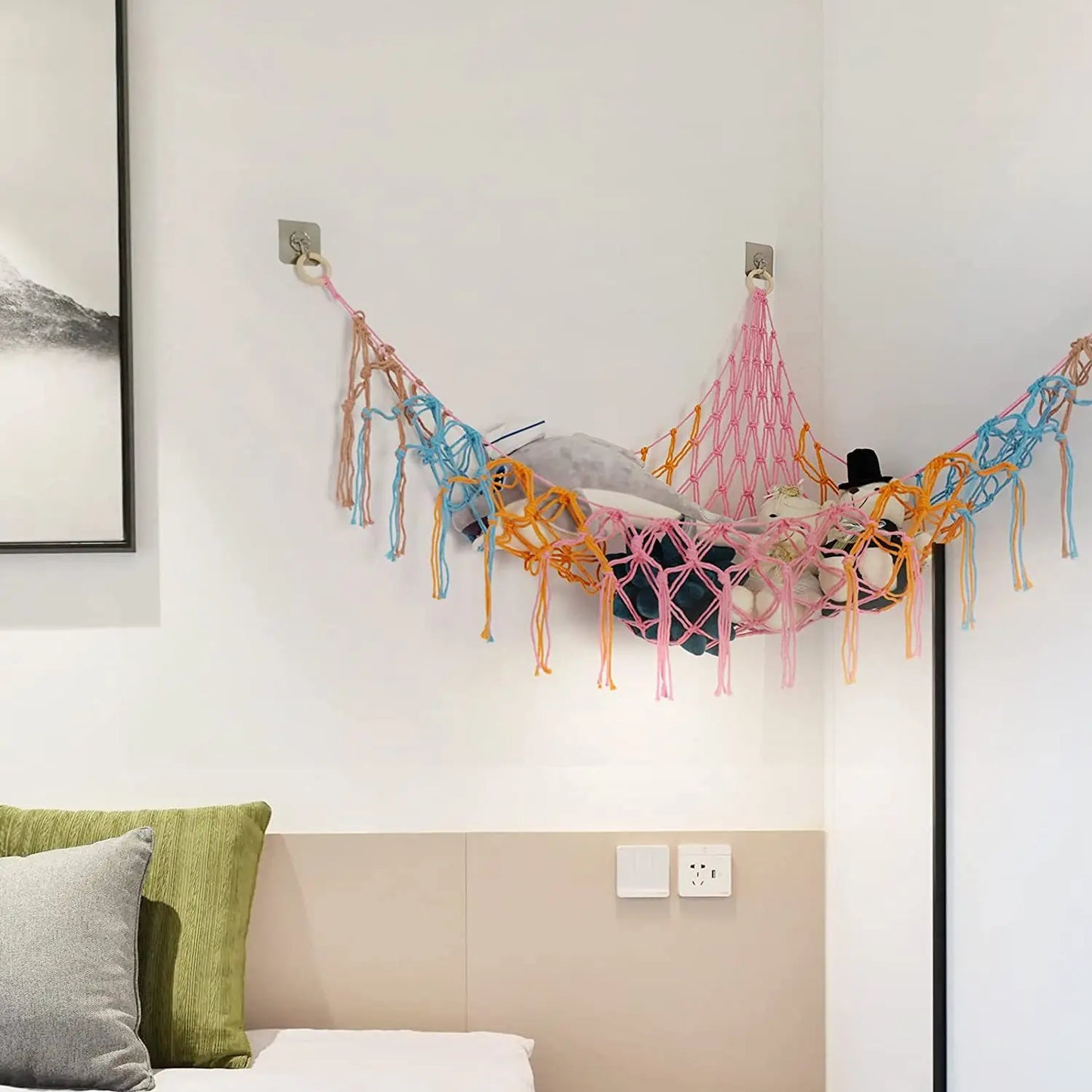Corner Mounted Toy Storage Net Handwoven Cotton String Triangle Pouch Plush Doll Hammock Kids Room Organizer Peaceful Pleasures Health and Wellness