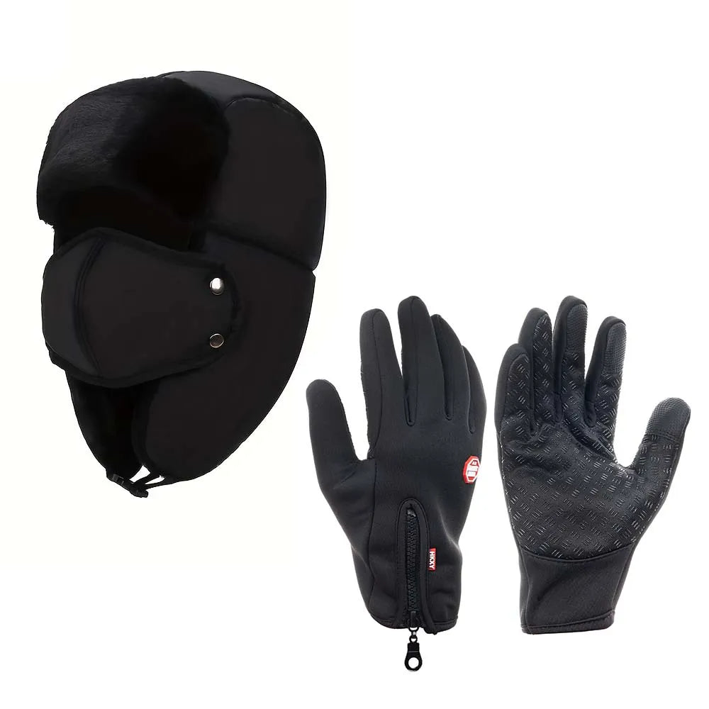 1 Set Men's Winter Pilot Hat with Windproof Mask, Warm Thick Plush Bomber Hat Unisex Peaceful Pleasures Health and Wellness Black Set L