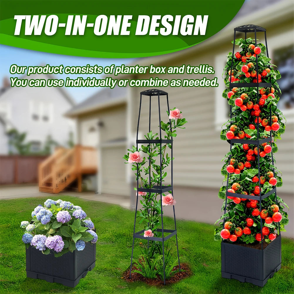 4-Tier Self-Watering Planter Tower with Trellis | Raised Garden Bed