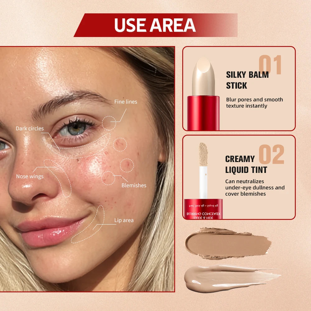 GlideHide Blurring Concealer Creamy texture Conceals dark circles wrinkles Dual formula liquid tip balm stick Long-lastin Peaceful Pleasures Health and Wellness