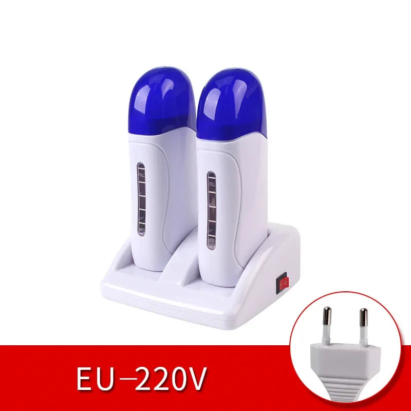 EU Plug Electric Double Wax Heater Epilator Cartridge Wax Roller Base Roll on Waxing Refillable Hair Removal Machine Depilatory Peaceful Pleasures Health and Wellness Blue
