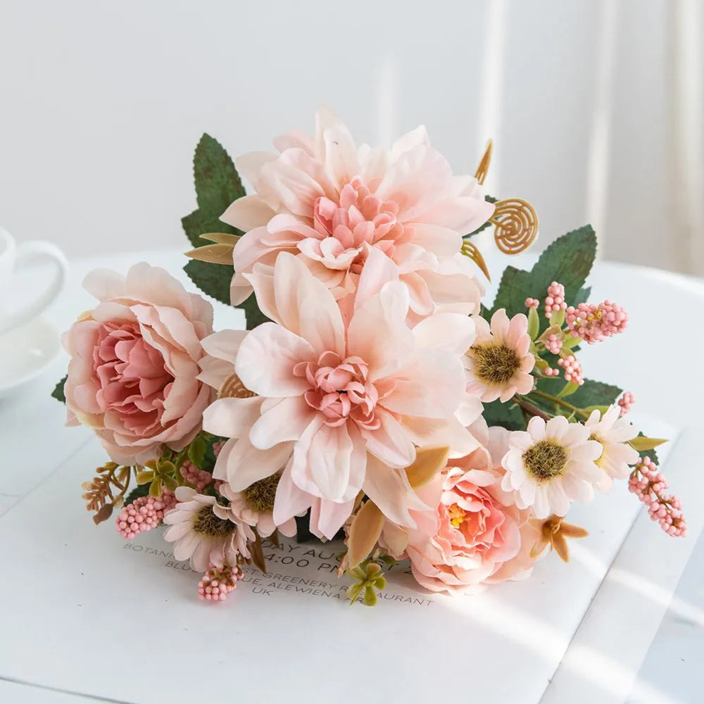 Silk Artificial Dahlia Rose Daisy Bouquet – Wedding & Party Decor