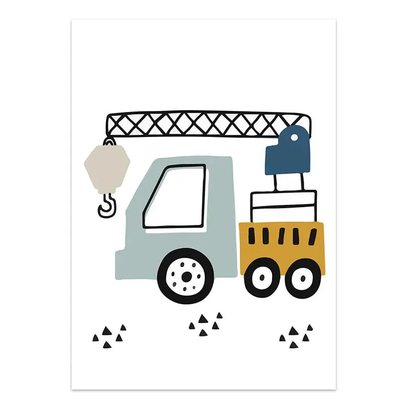 Cartoon Construction Vehicles Canvas Wall Art | Boys Nursery
