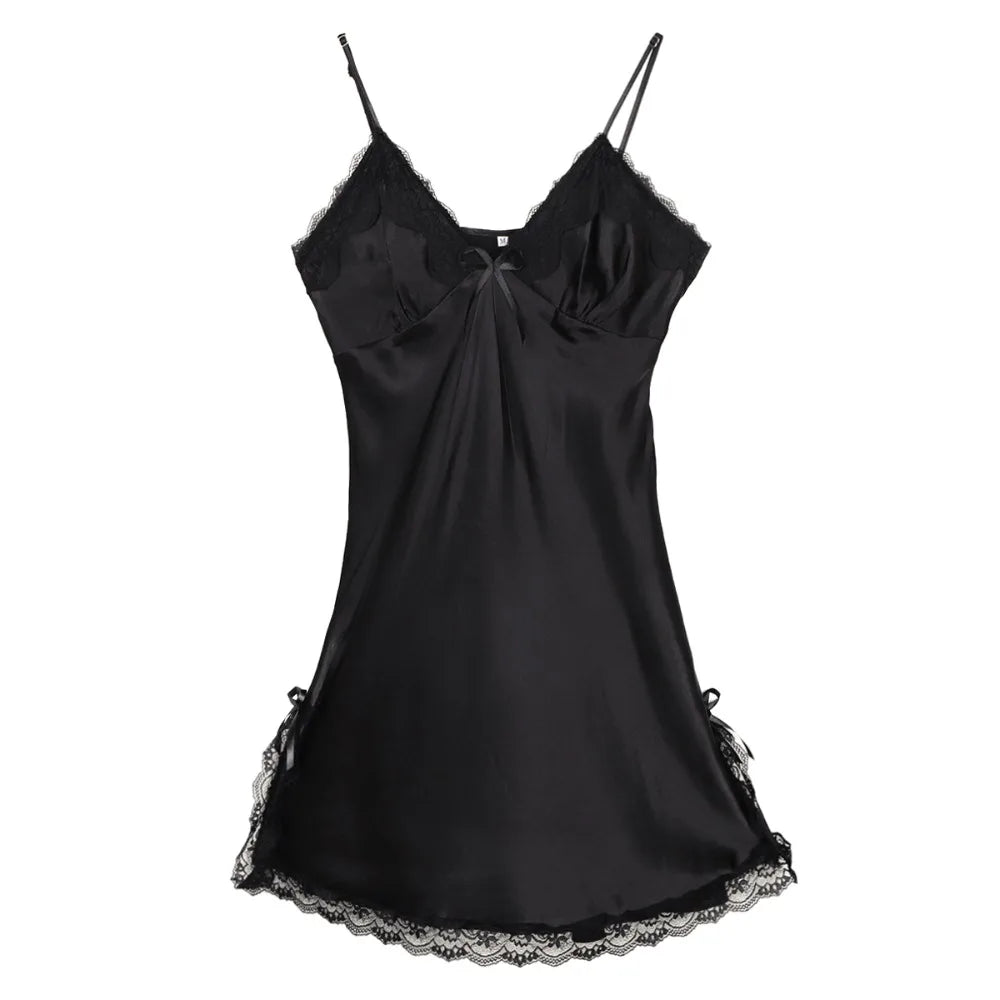Lace Bow Satin Slip Nightgown | Sleeveless Women's Dress Slip Nightgown Dress Peaceful Pleasures Health and Wellness Black One Size