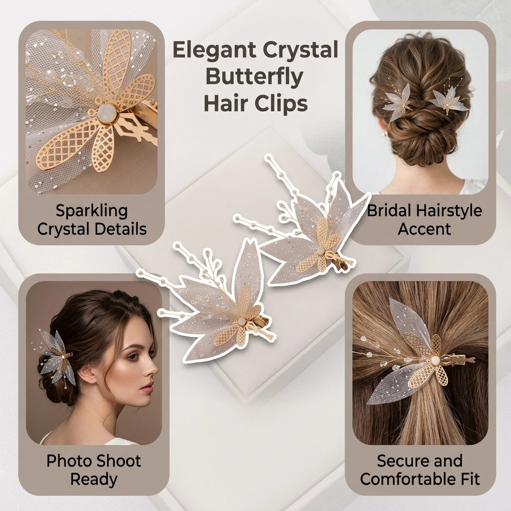 Crystal Butterfly Hair Clips Pair Alloy Mesh Rhinestone Design For Wedding Party Daily Use Peaceful Pleasures Health and Wellness
