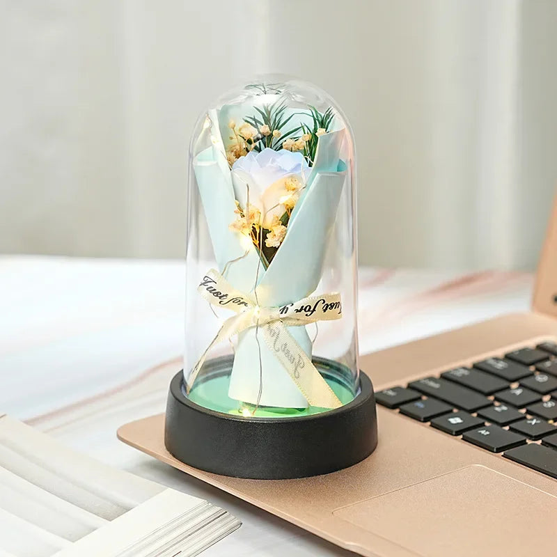 Romantic Gift Everlasting Rose LED Glass Dome Bouquet Romantic Illuminated Ornament Perfect Valentine's Day Christmas Home Decor Peaceful Pleasures Health and Wellness G