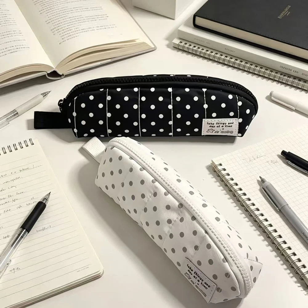 Korean White Polka Dot Pencil Case Ins Minimalist Student Portable