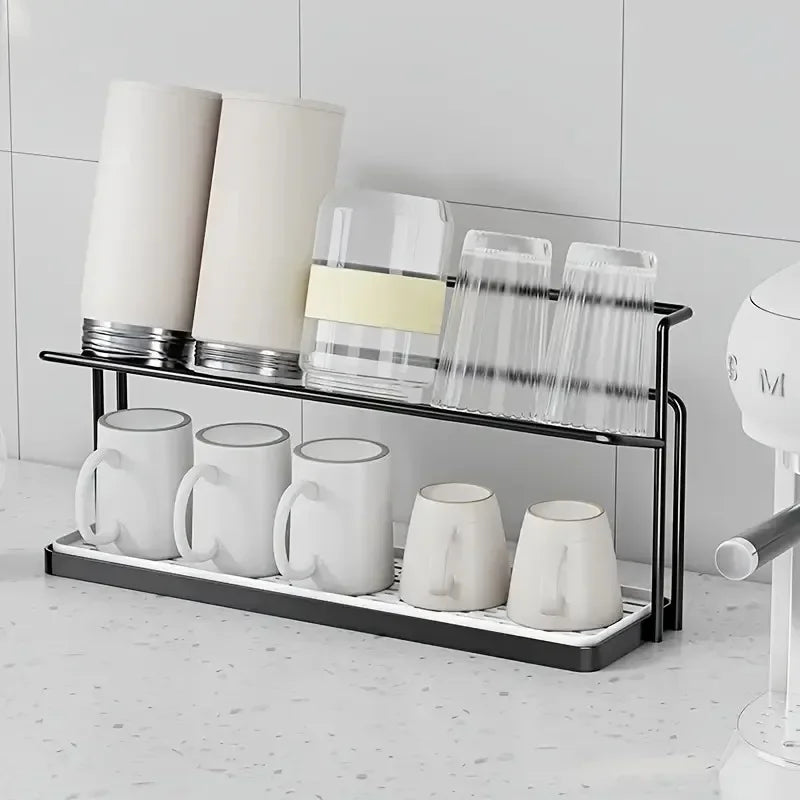 Double-Layer Cup Rack with Drain Tray | Kitchen Countertop Organizer
