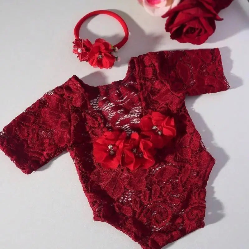 Newborn Lace Flower Romper & Headband Set | Baby Photo Prop