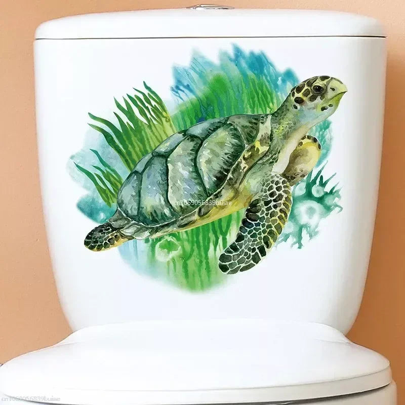 Water Plants Leaves Toilet Sticker Bathroom Wall Sticker Sea Turtles WC Self Adhesive Mural Stickers Home Decorations Decals Peaceful Pleasures Health and Wellness