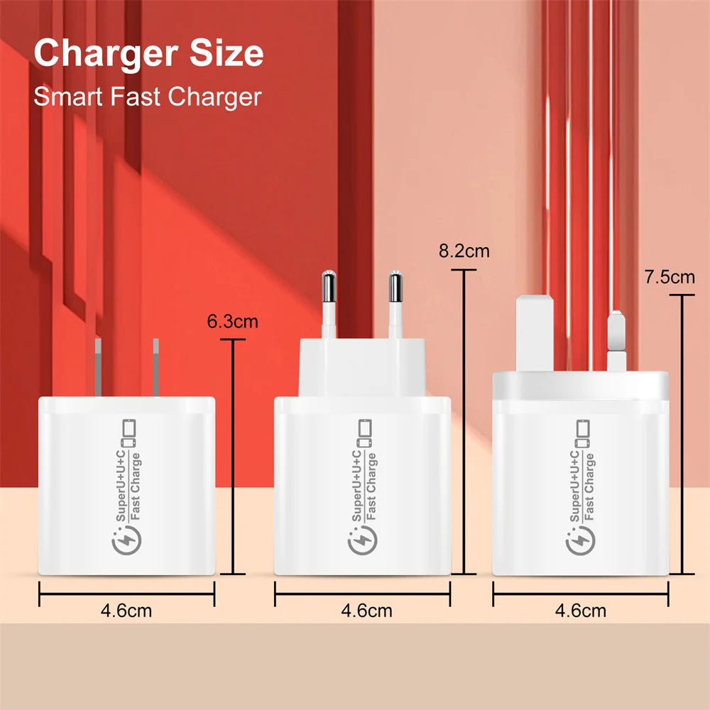 48W USB-C Fast Charger 3-Port PD QC3.0 Wall Adapter EU/US/UK