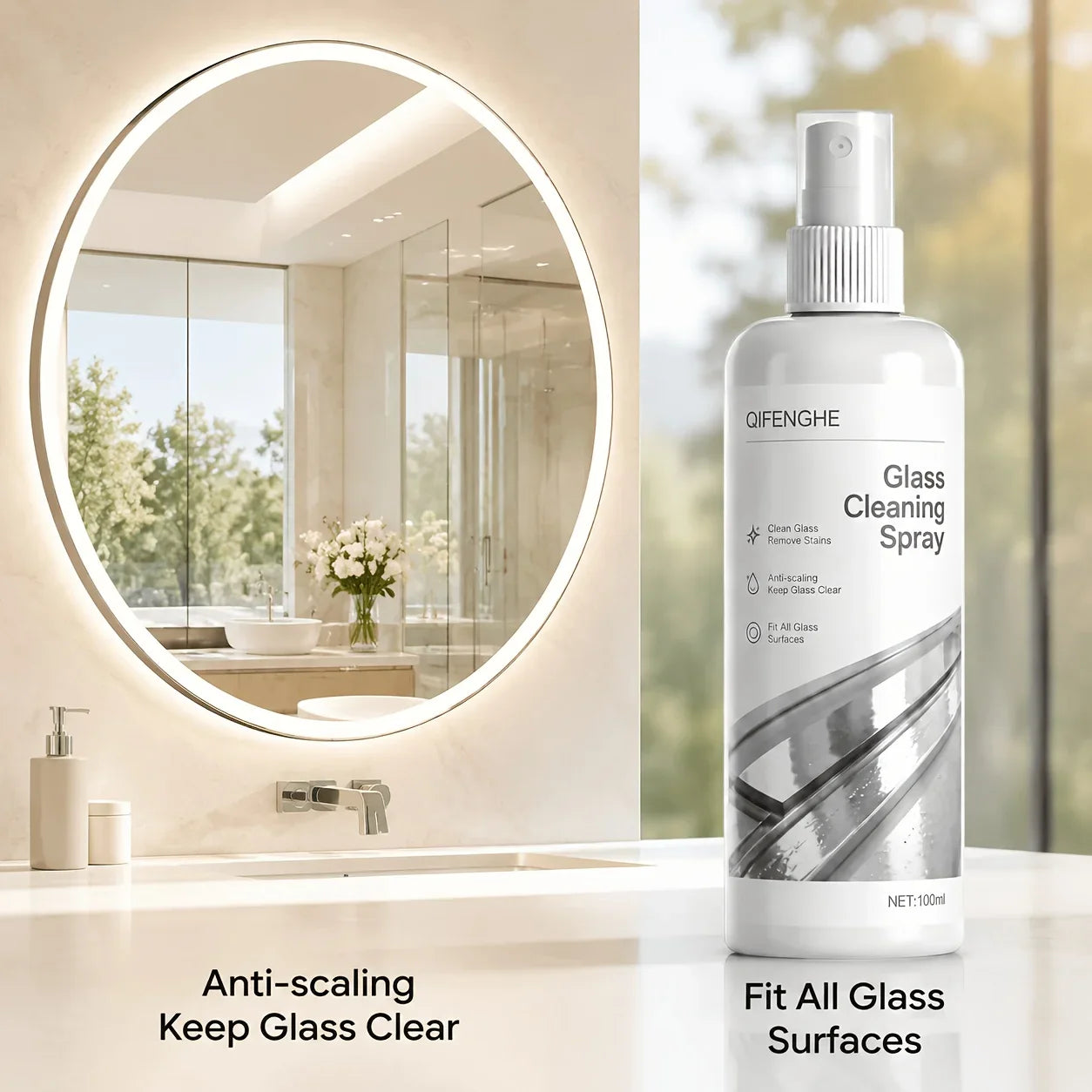 QIFENGHE Glass Cleaner Spray – Mirror, Shower & Tile