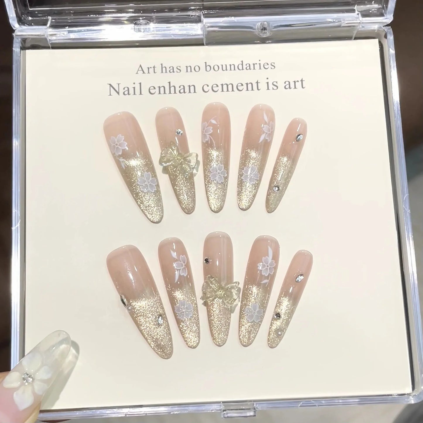 10pcs Handmade Press on Nails Gradient Cat's Eye Almond Fake Nail Tips Wearable 3D Bow Glitter Diamond Nail Art Long False Nails Peaceful Pleasures Health and Wellness