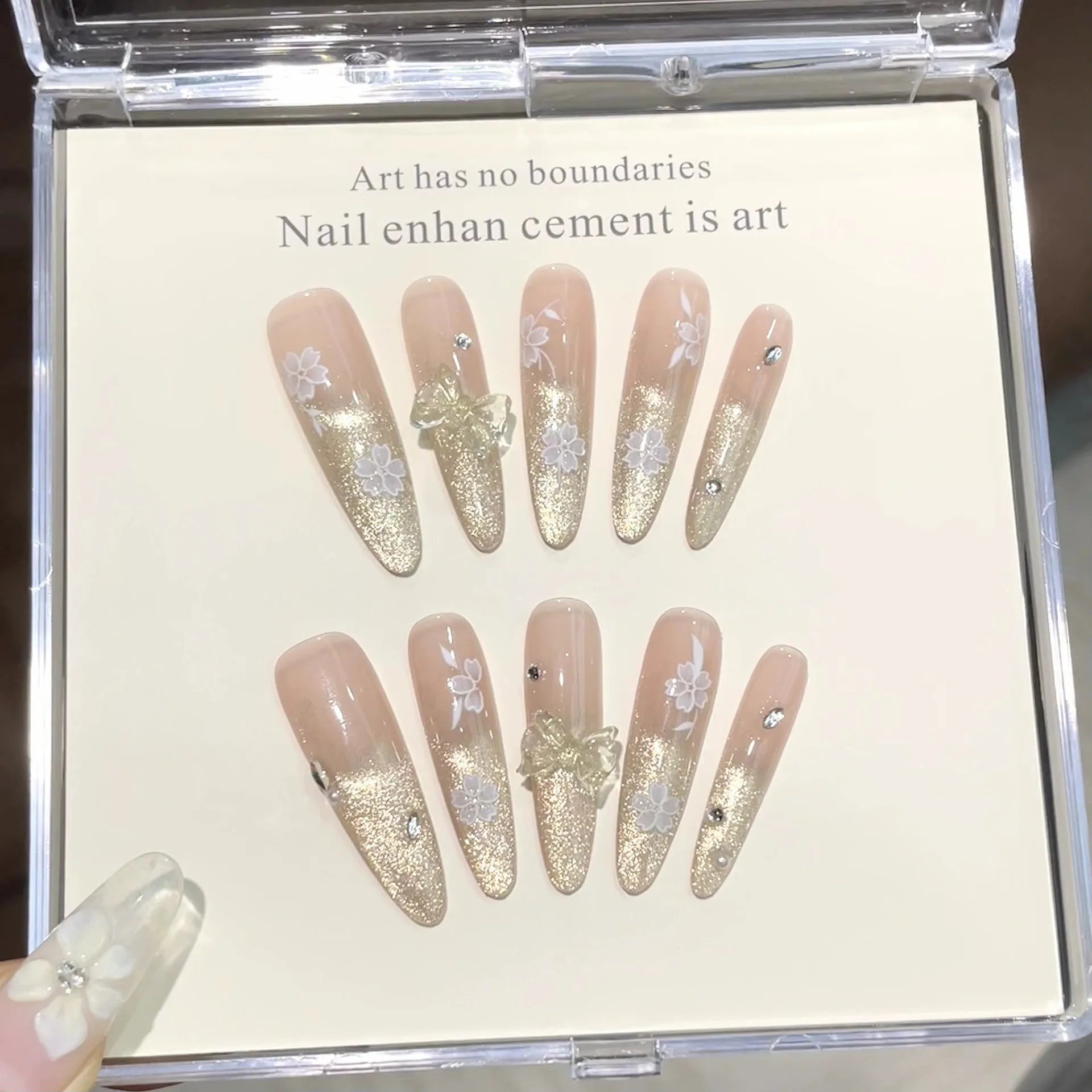 10pcs Handmade Press on Nails Gradient Cat's Eye Almond Fake Nail Tips Wearable 3D Bow Glitter Diamond Nail Art Long False Nails Peaceful Pleasures Health and Wellness