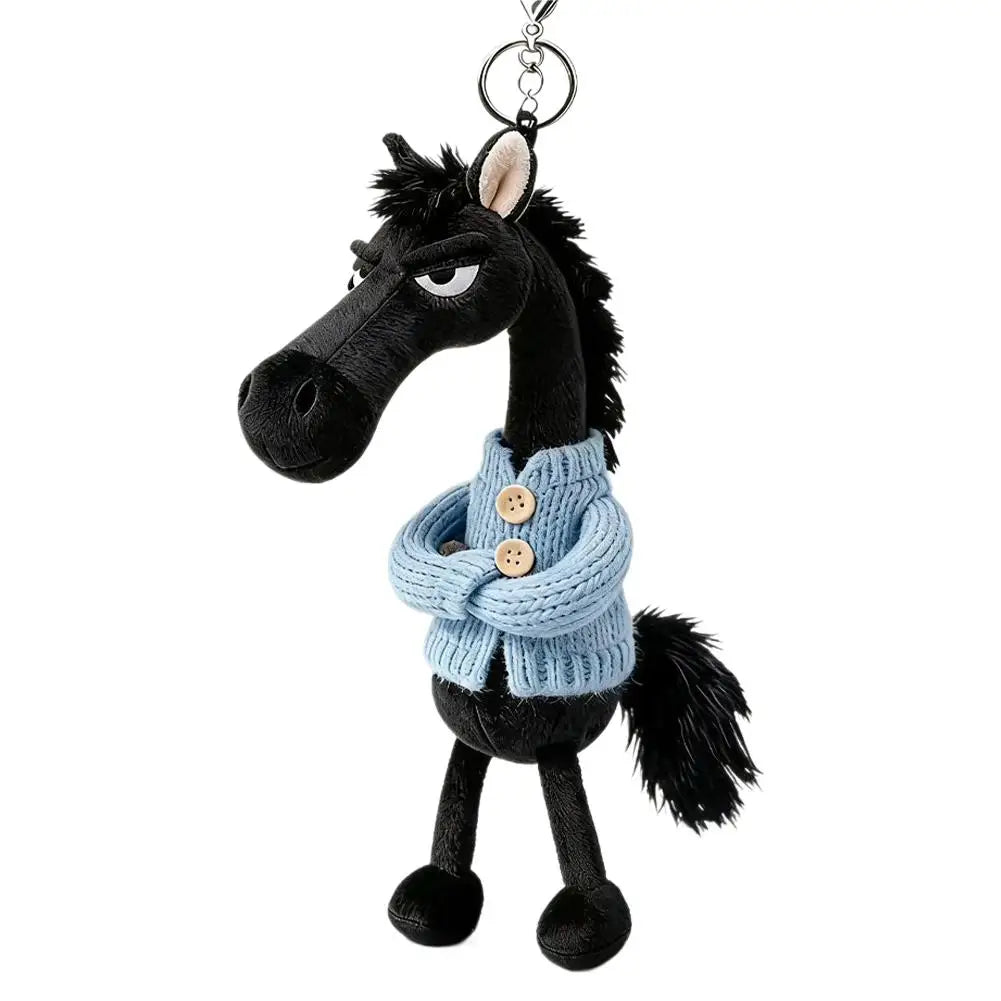 Cool Black Horse Plush Toy Wearing Sweater 2026 Mascot Key Chain