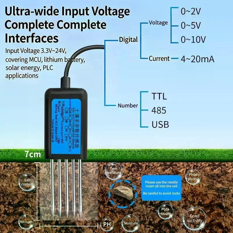 7-in-1 Soil Sensor | Moisture, pH, NPK, EC, RS485 Modbus