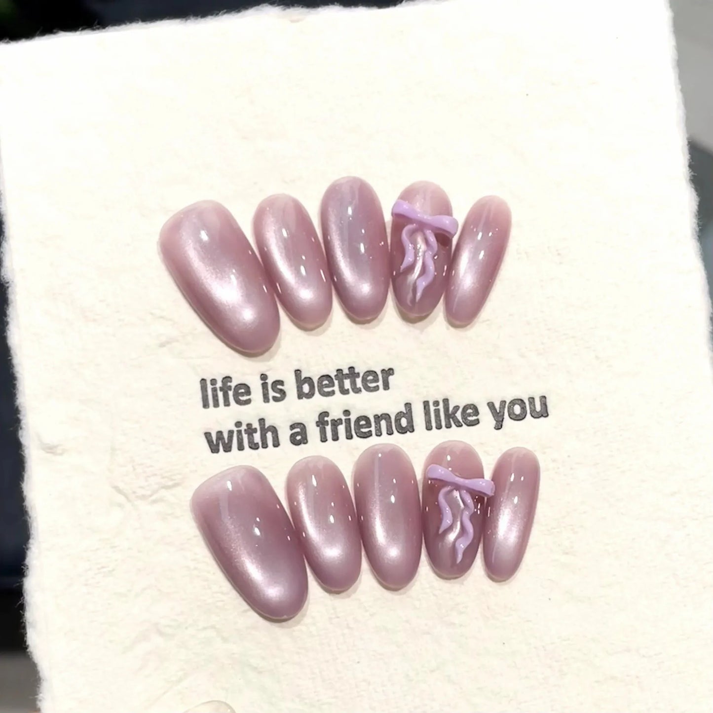 10pcs Handmade Press On Nails 3D Bow Cat's Eye Almond Purple