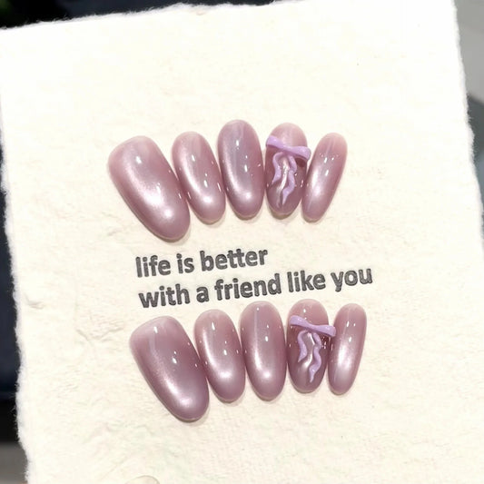 10pcs Handmade Press On Nails 3D Bow Cat's Eye Almond Purple Press-On Nail Set Peaceful Pleasures Health and Wellness